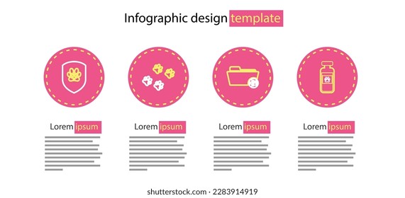 Set line Medical veterinary record folder, Pets vial medical, Paw print and Animal health insurance icon. Vector