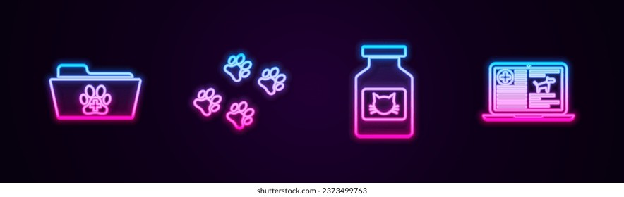 Fijar la línea Carpeta de registro veterinario médico, Papas impresas, Botella de medicina para el gato y perro clínico en laptop. Icono de neón brillante. Vector