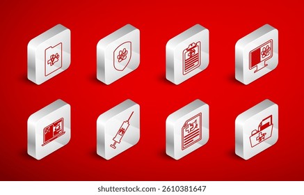 Set line Medical veterinary record folder, Animal health insurance, Clinical pet, on monitor, certificate for dog cat, Syringe with vaccine and laptop icon. Vector