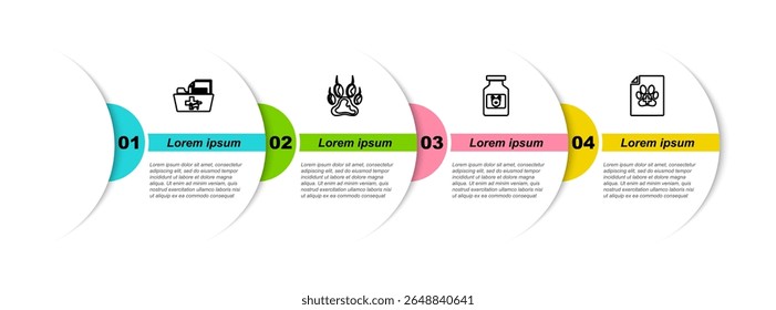 Set line Medical veterinary record folder, Paw print, Dog medicine bottle and certificate for dog cat. Business infographic template. Vector