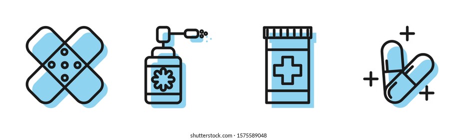 Set line Medicine bottle, Crossed bandage plaster, Medical bottle with nozzle spray and Medicine pill or tablet icon. Vector