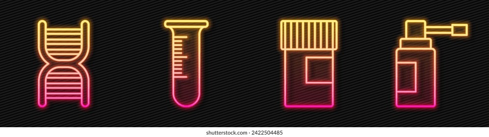 Set line Medicine bottle, DNA symbol, Test tube and flask and Medical bottle with nozzle spray. Glowing neon icon. Vector