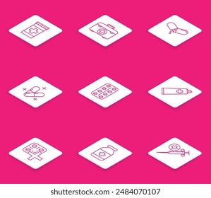 Frasco de Medicina, kit de primeros auxilios, píldora o tableta, paquete de ampollas de píldoras, medicamento de tubo de crema de ungüento e icono. Vector