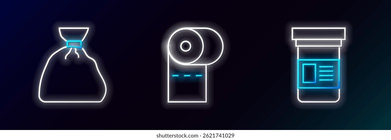 Set line Medicine bottle, Garbage bag and Toilet paper roll icon. Glowing neon. Vector