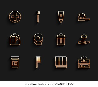 Set Line Medicine Bottle, Hairbrush, Cross Hospital Medical, Towel Stack, Wet Wipe Pack, Toilet Paper Roll,  And Trash Can Icon. Vector