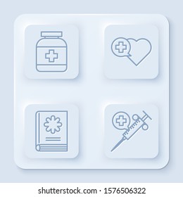 Set line Medicine bottle, Heart with a cross, Medical book and Medical syringe with needle. White square button. Vector