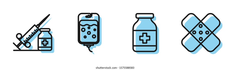 Set Line Medicine Bottle, Medical Syringe With Needle And Vial Or Ampoule, IV Bag And Crossed Bandage Plaster Icon. Vector