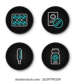 Set line Medicine bottle, Medical thermometer, prescription and Pills blister pack icon. Vector