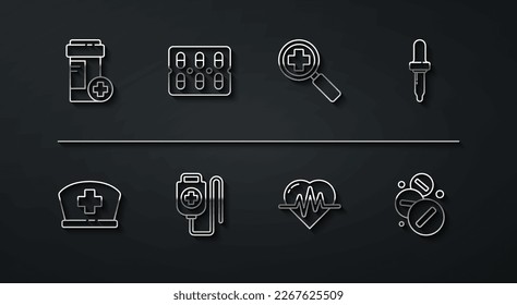 Línea Frasco de Medicina, sombrero de enfermera con cruz, pipeta, frecuencia cardíaca, bolsa IV, blister de Pills, píldora o comprimido y vidrio de aumento para buscar un icono médico. Vector