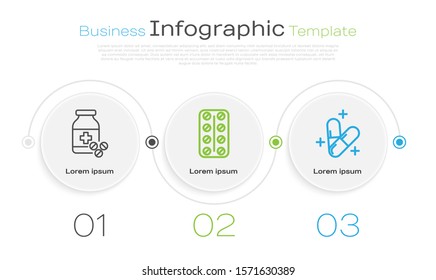 Set line Medicine bottle and pills, Pills in blister pack and Medicine pill or tablet. Business infographic template. Vector