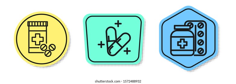 Set line Medicine bottle and pills, Medicine pill or tablet and Medicine bottle and pills. Colored shapes. Vector