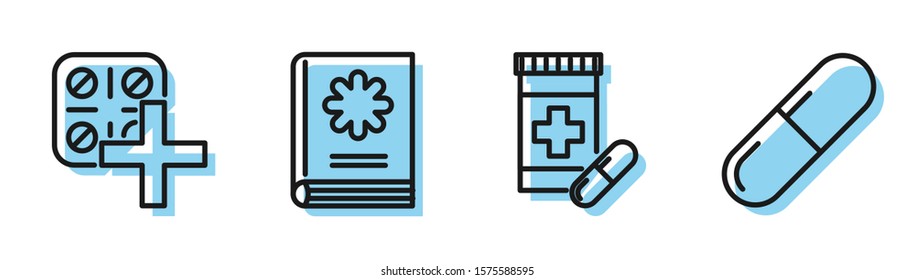 Set line Medicine bottle and pills, Pills in blister pack, Medical book and Medicine pill or tablet icon. Vector