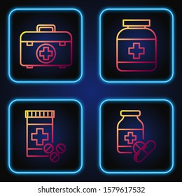 Set line Medicine bottle and pills, Medicine bottle and pills, First aid kit and Medicine bottle. Gradient color icons. Vector