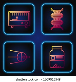 Set line Medicine bottle and pills, Satellite, Electrical measuring instruments and DNA symbol. Gradient color icons. Vector