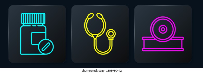 Set line Medicine bottle and pills, Otolaryngological head reflector and Stethoscope. Black square button. Vector
