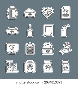 Set line Medicine bottle and pills, Hands with animals footprint, Pet shampoo, Heart dog, Dustpan, food bowl, carry case and Door for pet icon. Vector