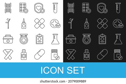 Set line Medicine bottle and pills, Test tube flask, Cross hospital medical, Shield heart rate, Bottle nasal spray, Crutch or crutches, DNA symbol and Crossed bandage plaster icon. Vector