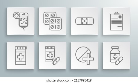 Set line Medicine bottle, Pills blister pack, and pills, or tablet, Bandage plaster, Medical clipboard with clinical record and IV bag icon. Vector