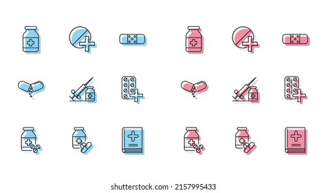 Set line Medicine bottle and pills, Medical book, syringe with needle vial or ampoule, Pills blister pack, tablet and  icon. Vector