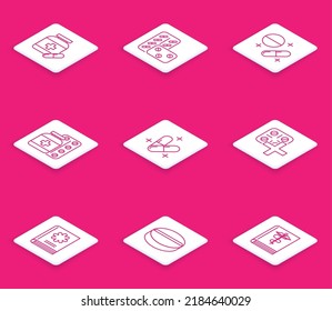Set line Medicine bottle and pills, Pills blister pack, or tablet, Medical book and  icon. Vector