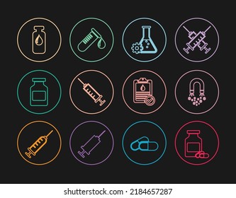 Set Line Medicine Bottle And Pills, Magnet With Money, Bioengineering, Syringe, Medical Vial, Ampoule, Clipboard Blood Test And Test Tube Drop Of Icon. Vector