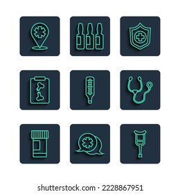 Set line Medicine bottle and pills, Dialogue with the doctor, Crutch crutches, Life insurance hand, Medical thermometer, X-ray shots, Location cross hospital and Stethoscope icon. Vector