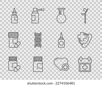 Set-line Medizinflasche und Pillen, Arzt Verabredung, Reagenzglas, Nasenspray Flasche, DNA Symbol, Herz mit Kreuz und Notruftelefon Kliniksymbol. Vektorgrafik