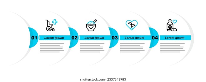 Set line Medicine bottle and pills, Leaf heart, Donation food and Wheelchair for disabled person icon. Vector