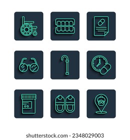 Set line Medicine bottle and pills, Slippers, Nursing home, Medical prescription, Walking stick cane, Eyeglasses, Wheelchair and or tablet icon. Vector