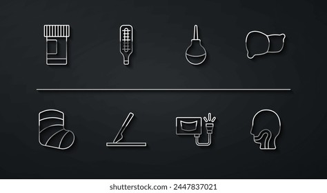 Set line Medicine bottle and pills, Gypsum, Human organ liver, Ultrasound, Medical surgery scalpel, thermometer, Sore throat and Enema icon. Vector