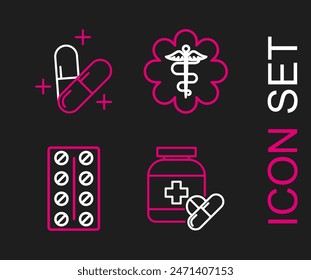 Set line Medicine bottle and pills, Pills blister pack, Emergency star medical symbol Caduceus snake with stick and or tablet icon. Vector