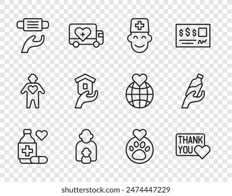 Set line Medicine bottle and pills, Thank you with heart, Male doctor, Taking care of children, Medical protective mask, Shelter for homeless, Heart animals footprint and Donation water icon. Vector