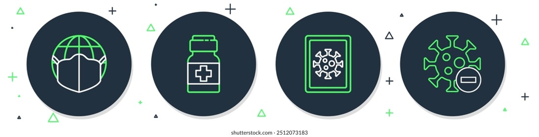 Set line Medicine bottle and pills, Virus statistics on monitor, Earth with medical mask and Negative virus icon. Vector