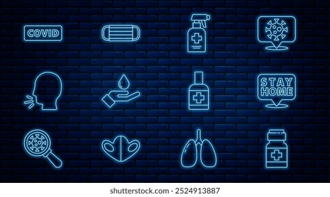 Set line Medicine bottle and pills, Stay home, Liquid antibacterial soap, Washing hands with, Man coughing, Corona virus covid-19,  and Medical protective mask icon. Vector