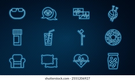 Set line Medicine bottle and pills, Vitamin, Monitor with cardiogram, Glass water, Eyeglasses, Crutch crutches and Grandfather icon. Vector