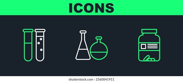 Set line Medicine bottle and pills, Test tube flask chemical laboratory and  icon. Vector