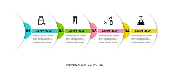 Set line Medicine bottle and pills, Test tube or flask, Medical syringe vial and DNA research, search. Business infographic template. Vector