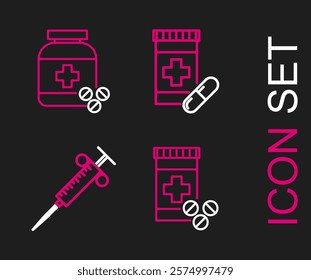 Set line Medicine bottle and pills, Syringe,  and  icon. Vector