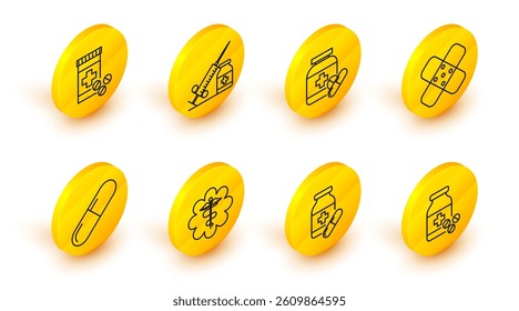 Set line Medicine bottle and pills, Emergency star medical symbol Caduceus snake with stick, or tablet, Crossed bandage plaster, Medical syringe needle vial ampoule and  icon. Vector