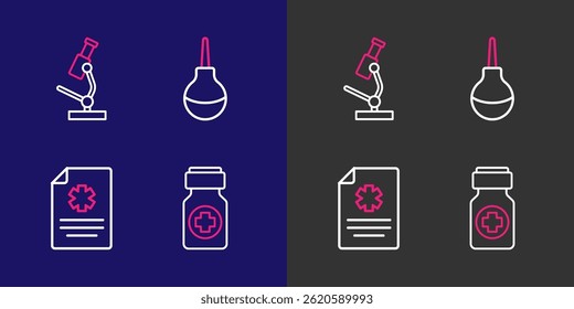 Set line Medicine bottle and pills, Clinical record, Enema and Microscope icon. Vector
