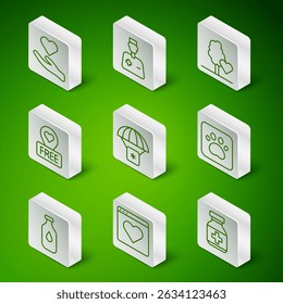 Definir linha Garrafa de medicina e comprimidos, Namoro app on-line, Mão do coração, Ajuda humanitária, Localização com coração, Médico masculino, Garrafa de água e Paw ícone de impressão. Vetor