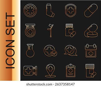Set line Medicine bottle and pills, Doctor appointment, tablet, Medical shield with cross, Crutch crutches, Hospital signboard, symbol of the Emergency and  icon. Vector