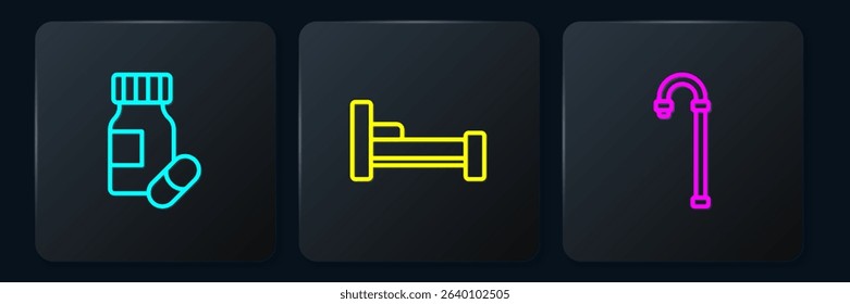 Set line Medicine bottle and pills, Walking stick cane and Bed. Black square button. Vector