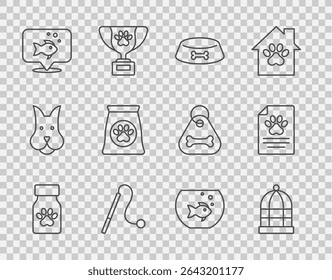 Set line Medicine bottle and pills, Cage for birds, Pet food bowl cat dog, toy, Fish, Bag of pet, Aquarium with fish and Medical clinical record icon. Vector