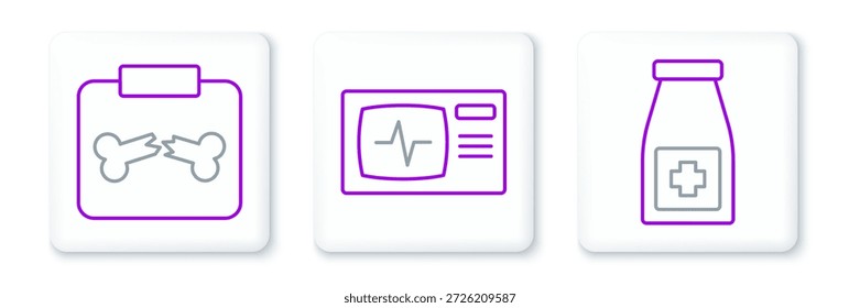 Set line Medicine bottle and pills, X-ray shots with broken bone and Monitor cardiogram icon. Vector