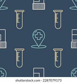 Set line Medicine bottle, Test tube and flask and Map pointer with cross hospital on seamless pattern. Vector