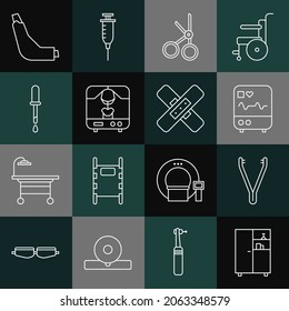 Set line Medicine cabinet, Medical tweezers, Monitor with cardiogram, scissors, X-ray machine, Pipette, Inhaler and Crossed bandage plaster icon. Vector