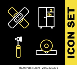 Set line Medicine cabinet, Otolaryngological head reflector, Medical otoscope tool and Crossed bandage plaster icon. Vector