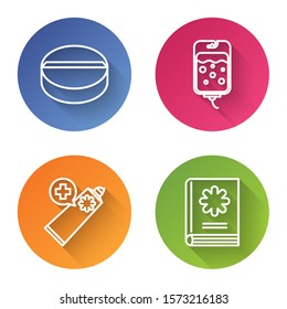 Set line Medicine pill or tablet, IV bag, Ointment cream tube medicine and Medical book. Color circle button. Vector