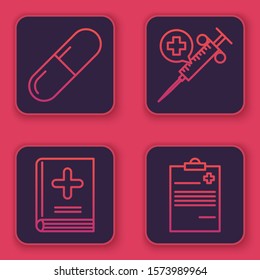 Set line Medicine pill or tablet, Medical book, Medical syringe with needle and Medical clipboard with clinical record. Blue square button. Vector